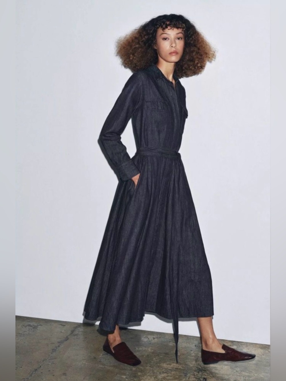 Zara ZW Collection Belted Denim Maxi Shirt Dress Dark Blue XXL